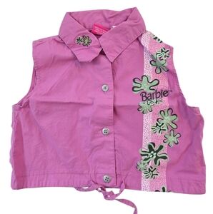 Vintage Y2k (2000) Barbie Fuschia Purple Sleeveless Top with Green Floral Design
